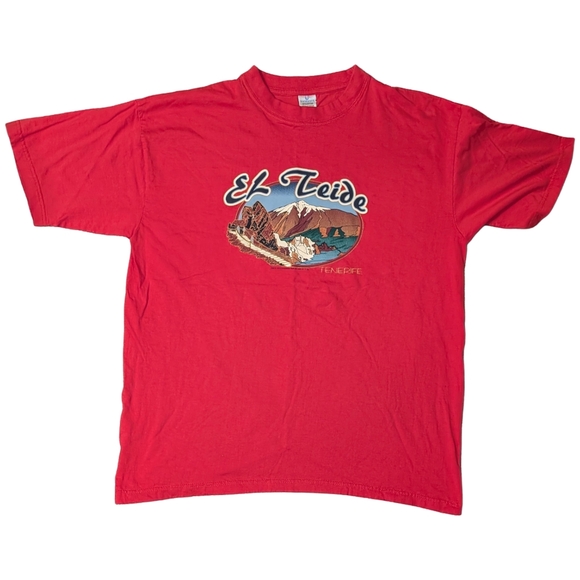 Vintage 80s Spain El Teide Red Graphic Tourist T-Shirt, Size XXL (Fits Like XL) - Picture 1 of 6